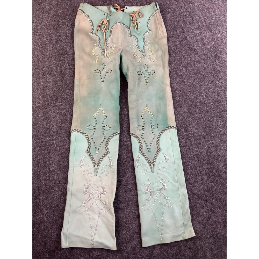Vintage Western Suede Leather Pants Beaded Lace Up Turquoise OOAK Couture Rare - Picture 13 of 16